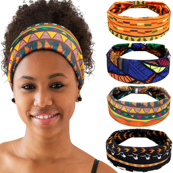 WILLBOND 4 Pieces African Headbands Knotted Wide Non Slip Yoga Stretchy Turban Hair Scarfs Workout Printed Headwrap Hair