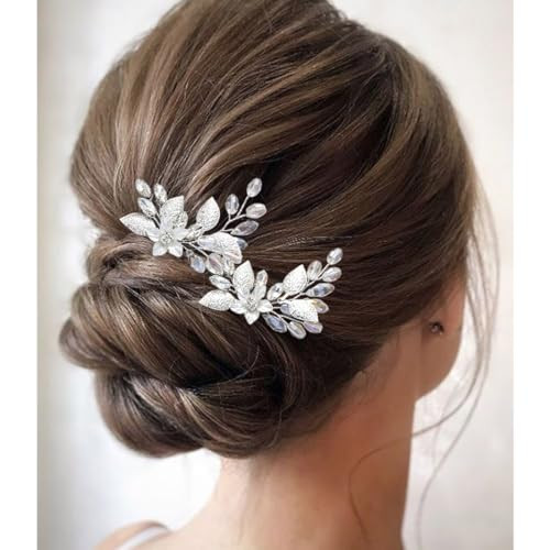 YBSHIN Flower Bride Wedding Hair Pins Silver Crystal Hair Pieces Rhinestone Hair Clips Leaf Bridal Hair Accessories for