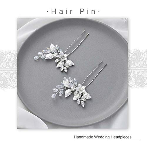 YBSHIN Flower Bride Wedding Hair Pins Silver Crystal Hair Pieces Rhinestone Hair Clips Leaf Bridal Hair Accessories for