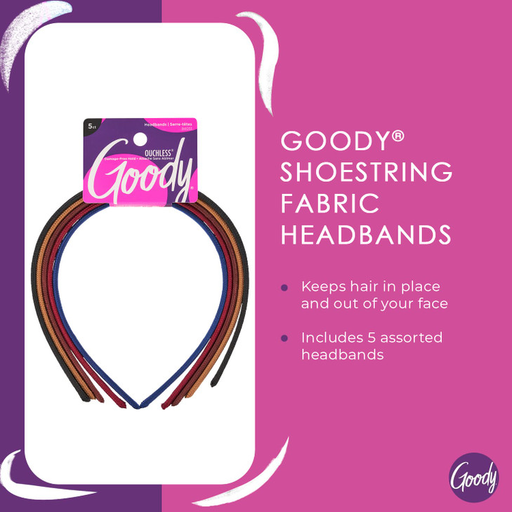 Goody Ouchless Shoestring Headbands 5 Ct Assorted Colors Stylish Lightweight Thin DamageFree Fabric Headbands for Women