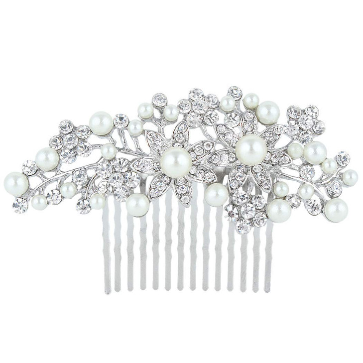 EVER FAITH Bridal SilverTone Flower Simulated Pearl Clear Austrian Crystal Hair Comb