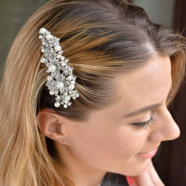 EVER FAITH Bridal SilverTone Flower Simulated Pearl Clear Austrian Crystal Hair Comb
