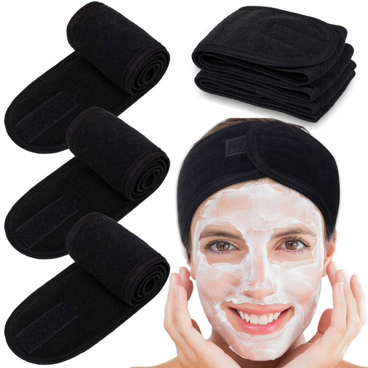 Whaline Spa Facial Headband Head Wrap Terry Cloth Headband 4 Counts Stretch Towel for Bath Makeup and Sport Black