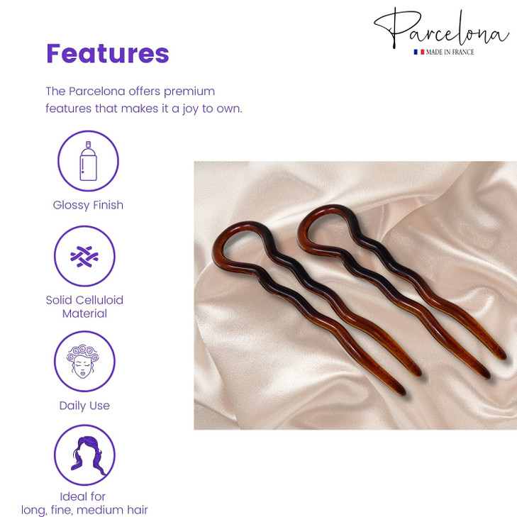 Parcelona French Sleek Tortoise Shell Large 3 12 Celluloid Made in France Wavy Crink U Shaped Set of 2 Chignon Hair Pin