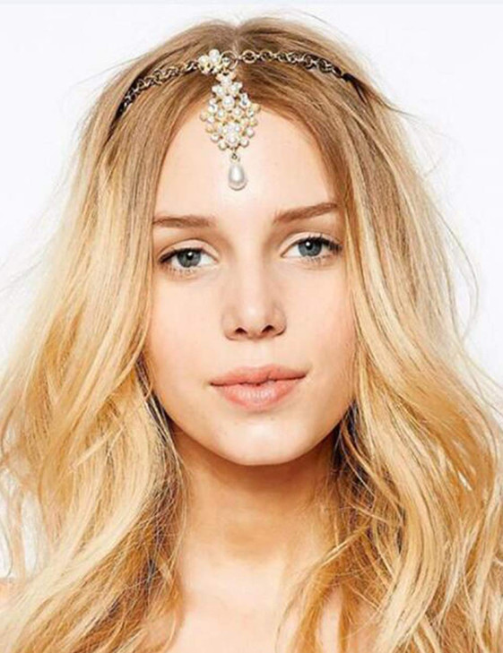 Chargances Bridal Head Chain Bohemia Crystal and Pearl Drop Headpiece Women Forehead Chain Headband Hair Pin for Wedding