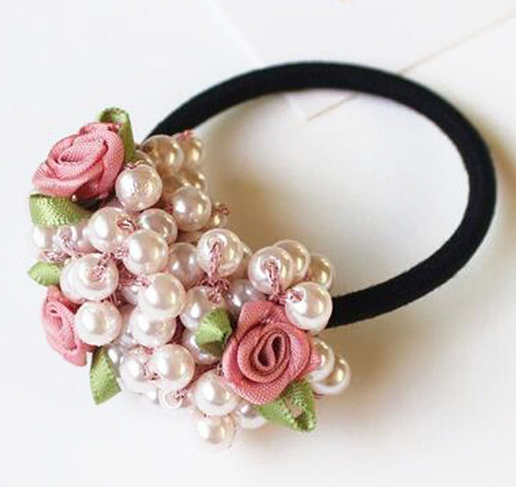 4PCS Fashion Women Imitation Pearl Elastic Hair Ties Beaded Hair Band Rope Scrunchie Ponytail Holder Hair Accessories B