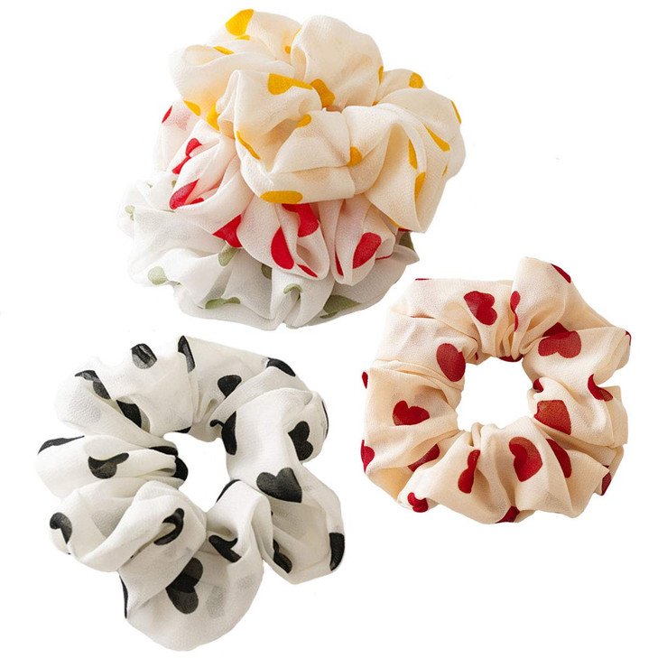 5 Pcs Chiffon Hair Rope Hair Ring Love Heart Printing Satin Fabric Covered Scrunchy Elastic Hair Bands Top Knots Ponytai