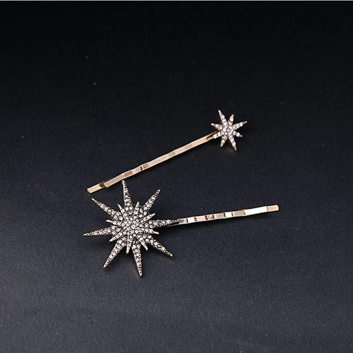 3 Pcs Women Fashion Retro Geometric Metal Alloy Bobby Pins Hair Pin Rhinestone Moon Star Snowflake Side Clip Hair Clips
