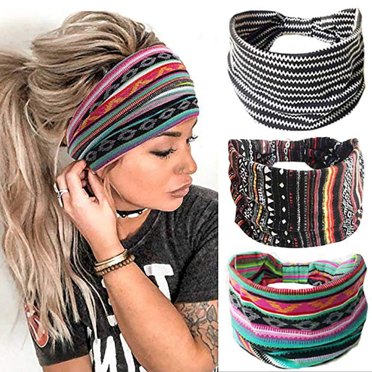 YBSHIN Boho Wide Knotted Headbands 3Pack Stretch Turban Head Wraps with Assorted Prints for Women and Girls