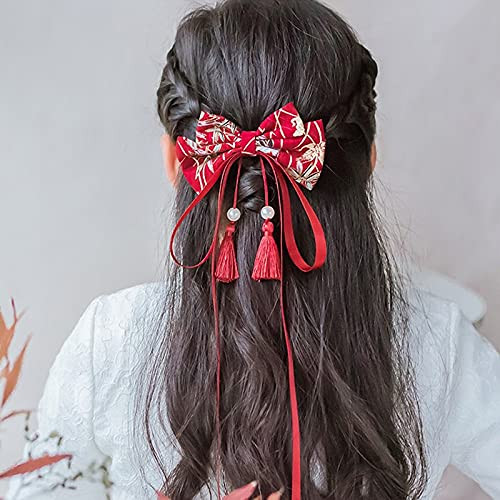 CRIZAN Chinese Style Bows Tassels Hair Clips Barrettes Hanfu Hair Accessories Red For Girls Women Festival