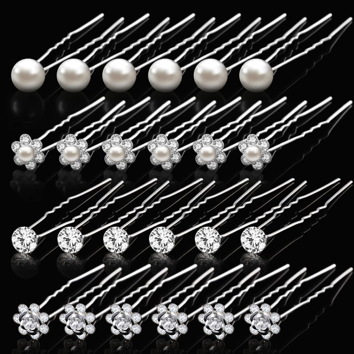 MTLEE 40 Pcs Rhinestone Hair Pins for Women Silver Flower Pearl Hair Pins Decorative U Shape Diamond Wedding Hairs Acces