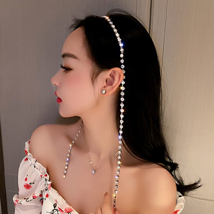 Wiwpar Rhinestone Tassel Headband for Women Girls Sparkly Rhinestone Fake Earrings Hair Chain Hair Hoop Wedding Hair Ban