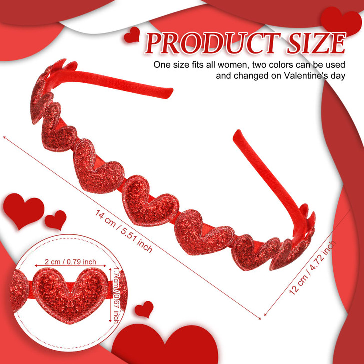 2 Pcs Valentines Day Glitter Hearts Headband Girls Cute Heart Headband Red Pink Cupid Hair Band Bling Elastic Love Heart