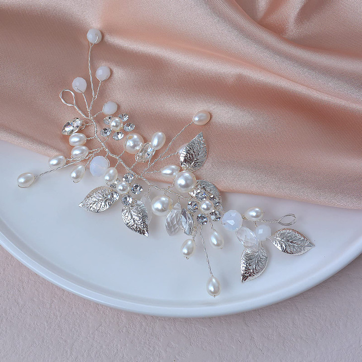 Beusoulover Bridal Hair Accessories Wedding Headpiece for Bride Pearl Hair Vine with Crystal Rhinestone Leaf for Women a