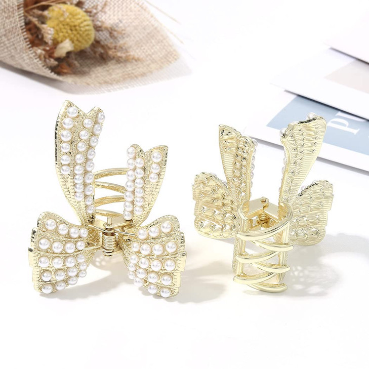 Brinie Pearl Hair Claw Clamps Gold Metal Hair Claw Clips Bowknot Hair Styling Clips Non Slip Jaw Hair Clamps Hair Access