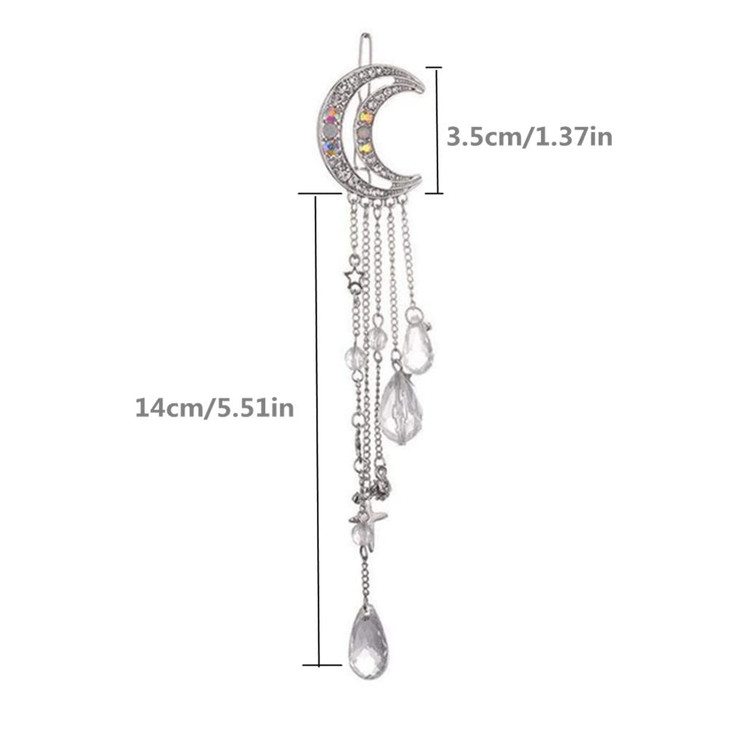2 Pack Romantic Rhinestone Crescent Moon Star Charm Hair Clips Crystal Beads Tassel Drop Hair Pins Chain Hairpin for Wom