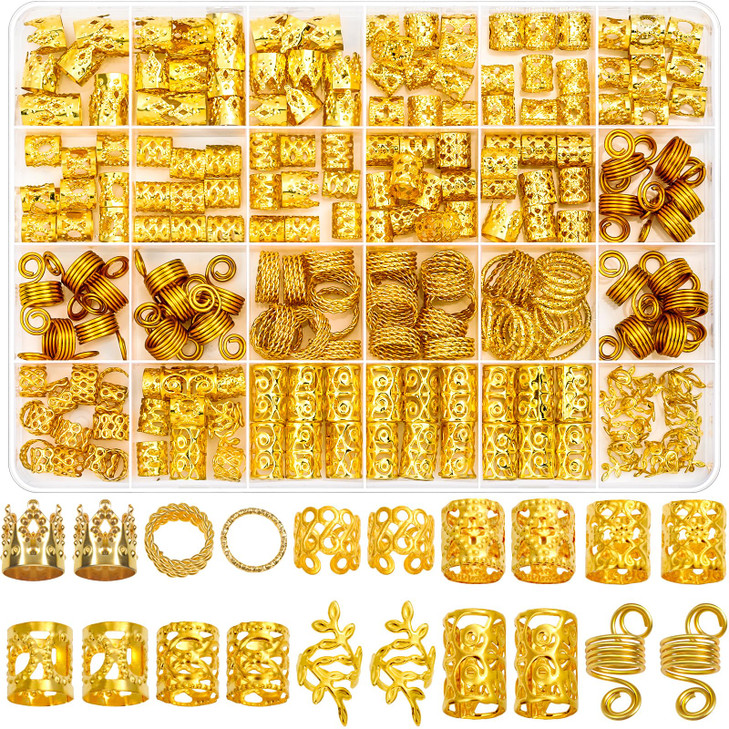 Lucomb 220 Pcs Gold Hair Jewelry for Braids Loc Jewelry for Hair Dreadlock Loc Charms for Women Metal Gold Braids Rings