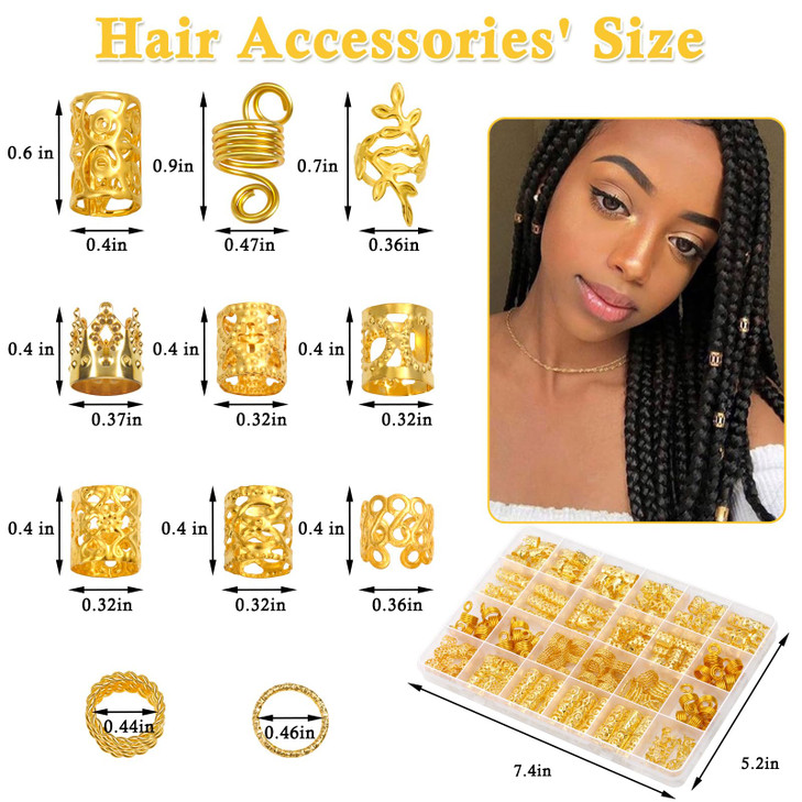 Lucomb 220 Pcs Gold Hair Jewelry for Braids Loc Jewelry for Hair Dreadlock Loc Charms for Women Metal Gold Braids Rings