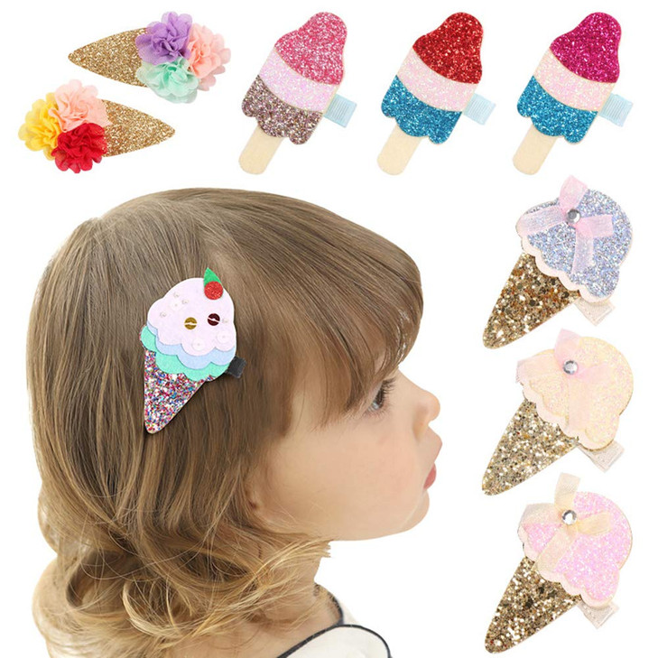 Ezepeo 8 Pcs Baby Girls Hair Clips Ice Cream Shape Clips Glitter Sparkly Hair Bows Boutique Hair Barrettes hairpins hair
