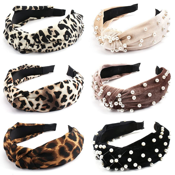 TOBATOBA Pearl and Leopard Print Headbands Cute Beaded Wide Knot Hair Accessories for Women and Girls