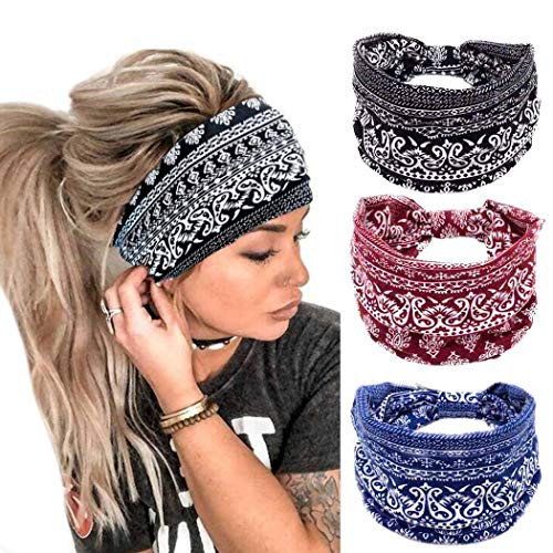 Bohend Boho Wide Headband Women Cotton Headbands Knotted Stretchy Bandeau No Slip Yoga Hairband G