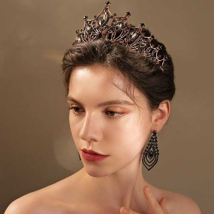 Salliy Baroque Crown and Tiaras Black Crystal Crown Bride Wedding Headpieces Gothic Queen Hair Accessories for Women and