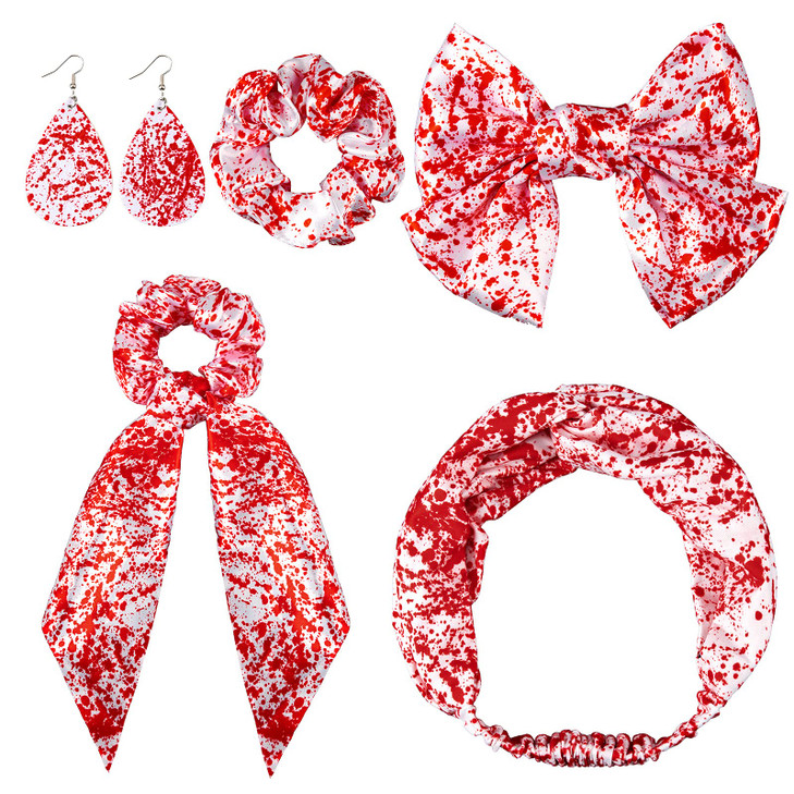 Whaline 5Pcs Halloween Bloodstain Hair Accessories Kit Bloody Headband Hair Band Hair Scrunchies Bow Hair Pin Leather Ea