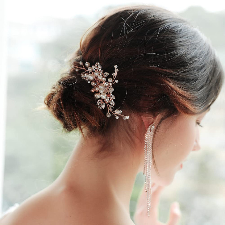Handmade Wedding Rose Gold Hair Comb Pearl Leaf Bridal Wedding Hair Accessories for Brides and Bridesmaid