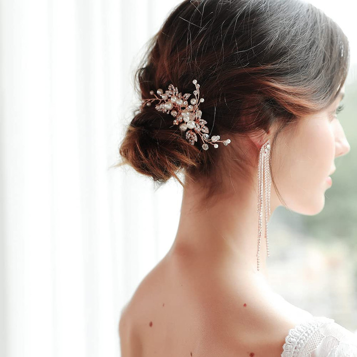 Handmade Wedding Rose Gold Hair Comb Pearl Leaf Bridal Wedding Hair Accessories for Brides and Bridesmaid