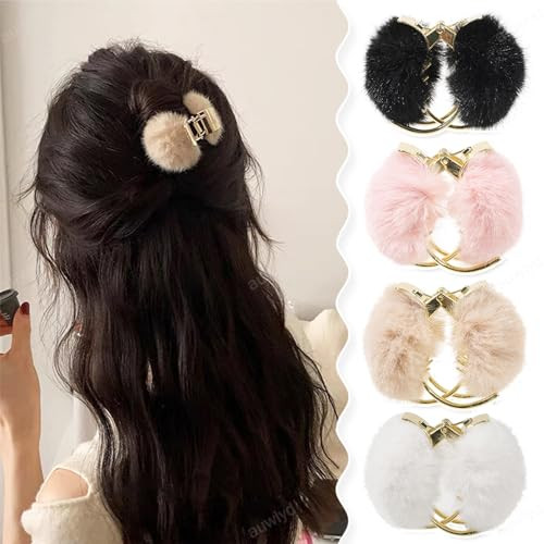 auwiyd 4 PCS Metal Rabbit Fur Hair Claw Clips Solid Color Plush Hair Grab Hairpins Shark Clip Fashion Winter Ponytail Ho