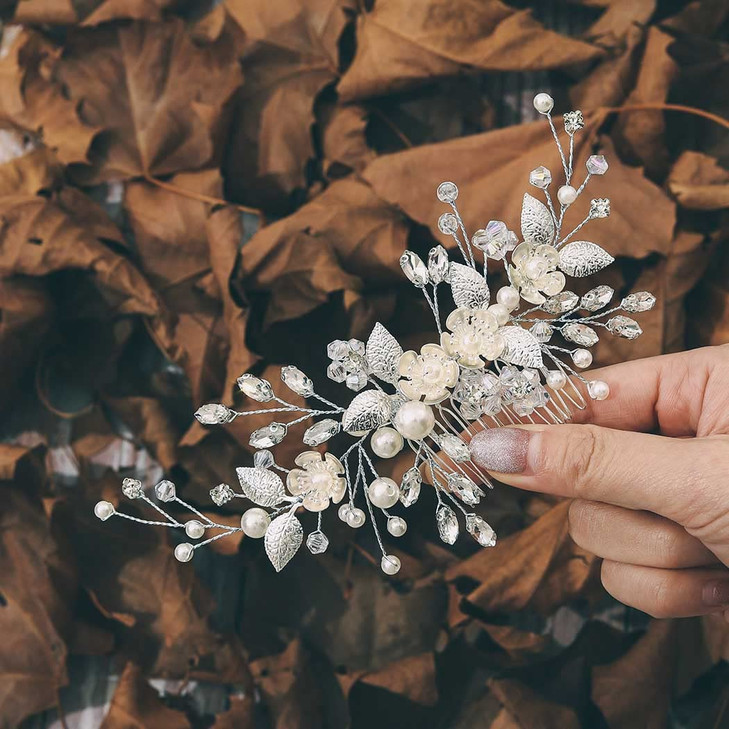YBSHIN Flower Bride Hair Comb Silver Rhinestone Hair Pieces Pearl Bridal Side Combs Leaf Wedding Hair Accessories for Wo