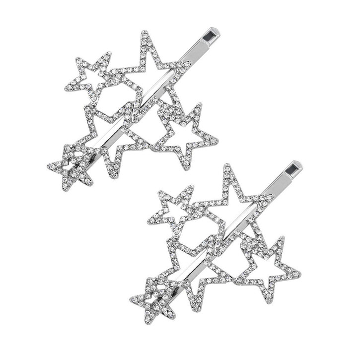 2Pcs Woman Silver Star Shape Shining Rhinestone Crystal Hairpin Hair Clip Metal Alloy Barrettes Hair Accessories for Par