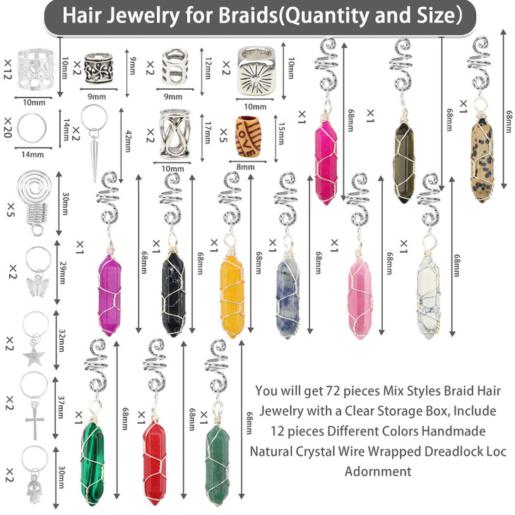 72 PCS Dreadlocks Jewelry Handemade Crystal Wire Wrapped Braids Hair Accessories Hair Tube Beads Hair Cuffs Hair Pendant