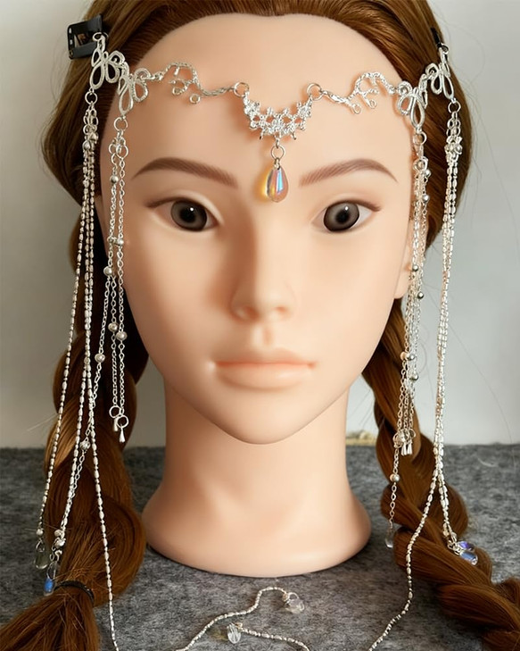 MRKARL Headpiece with Long Tassel Head Chain Silver Hair Chain Fairy Hair Accessories for Girl Women