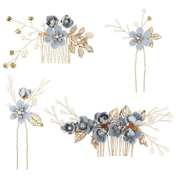 NUOBESTY 4Pcs Blue Wedding Hair Accessories for Brides Bridal Hair Comb Pins Set Floral Pearl Headpiece Rhinestone Side