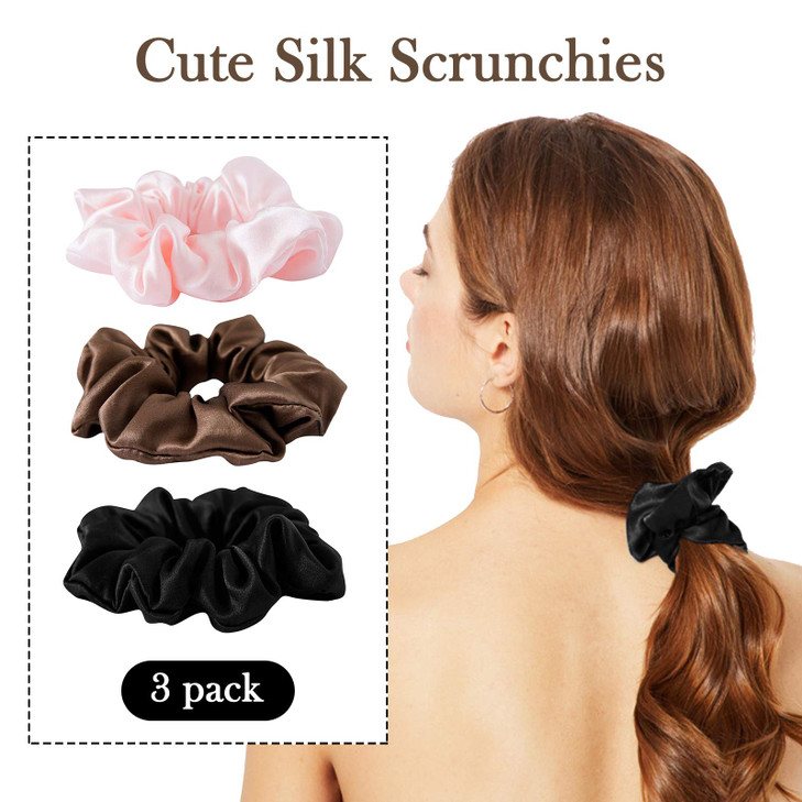 SOBONNY Silk Scrunchies for Women 100 Mulberry Silk Hair Ties 3 Pack No Damage Elastic Ponytail Holders Brown Black Pink
