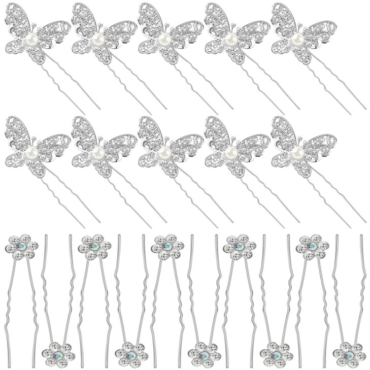 OIIKI 20 PCS Wedding Bridal Hair Pins Pearl Butterfly U Shape Hair Clips Rhinestones Flower Hair Pins Decorative Hair Ac