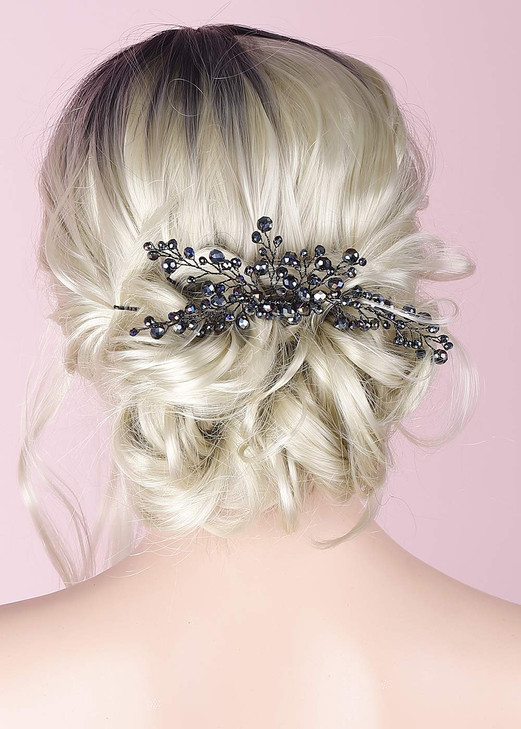 Anglacesmade Bridal Black Hair Comb Crystal Hair Crown Black Beaded Prom Party Festival Wedding Hair Accessories for Wom
