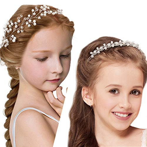 WILLBOND 2 Pieces Flower Girls Headpiece Princess Wedding Faux Pearls Rhinestone Headband Bridal Crystal Hairband Tiara