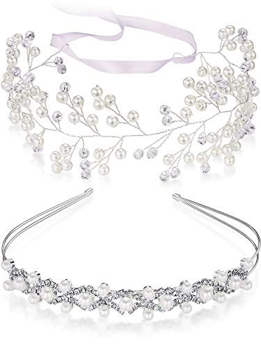 WILLBOND 2 Pieces Flower Girls Headpiece Princess Wedding Faux Pearls Rhinestone Headband Bridal Crystal Hairband Tiara