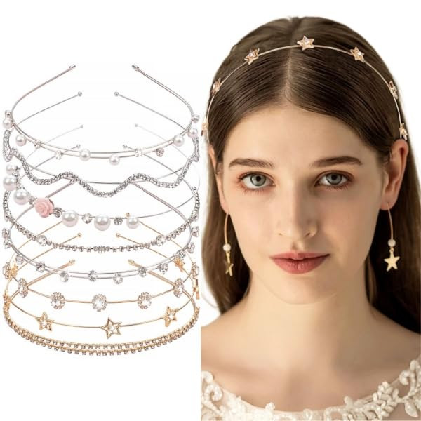 Yxiang 8PCS Crystal Headbands for Women Pearls Flower Hairbands Fashion Rhinestone Headband Gold Sliver Metal Decorative