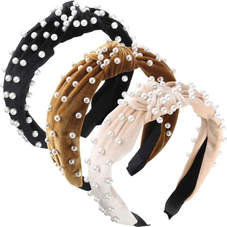WILLBOND 3 Pieces Pearls Headband Knotted Headband for Women Velvet Pearls Hairband for Woman Hair Accessories