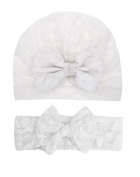JustMyDress Lace Bow Headband Turban for Baby Girls White 2 Pcs Set