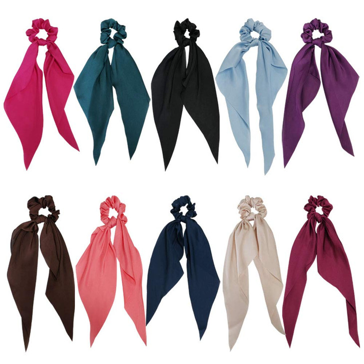 GETACOTA 10 Pieces Hair Scrunchies Bowknot Satin Chiffon Long Tail Elastics Ribbon Ear Bow Pattern Colors Scrunchy Scarf