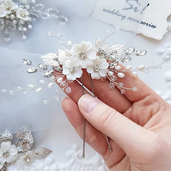 YBSHIN Wedding Hair Accessories for Women Silver Flower Hair Clips Rhinestone Bridal Headpieces Pearl Hair Accessories f