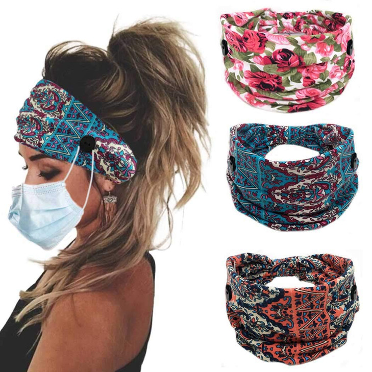 Bohend Boho Button Headband Wide Stretchy Daily Use Knotted Headwear Sport Athletic Yoga Gym Rhinestone Crystal Hair Acc