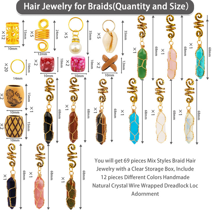 Messen 69 PCS Dreadlocks Jewelry Handemade Crystal Wire Wrapped Braids Hair Accessories Imitation Wood Beads Aluminum Ha