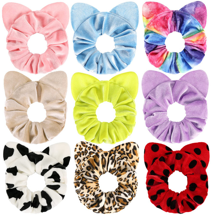 Mouse Ear Scrunchies for Hair Funtopia 9 Pcs Cute Velvet Scrunchies for Women Girls Kids Fashion Colorful Scrunchy Hair