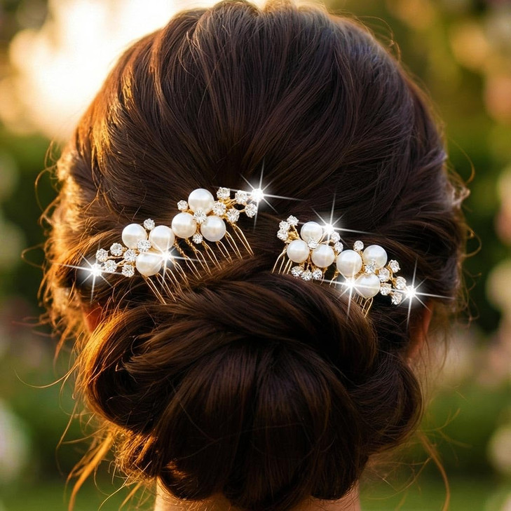 Brishow Wedding Hair Combs Gold Pearls Bridal Hair Accessories Crystal Brides Headpiece Hair Clip for Women and Girls 2