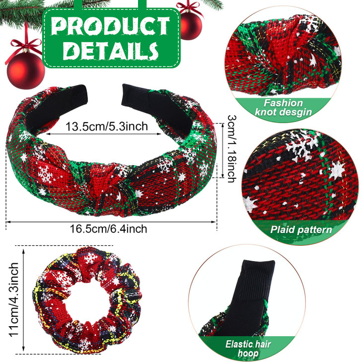Dingion 8 Pack Christmas Plaid Snowflake Headbands 4 Buffalo Plaid Hair Scrunchies 4 Christmas Knotted Headband Plaid Ha